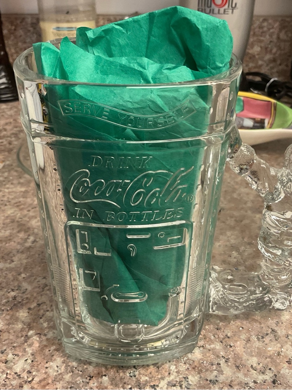 Coca Cola Clear Glass Mug with Green Tissue Accent